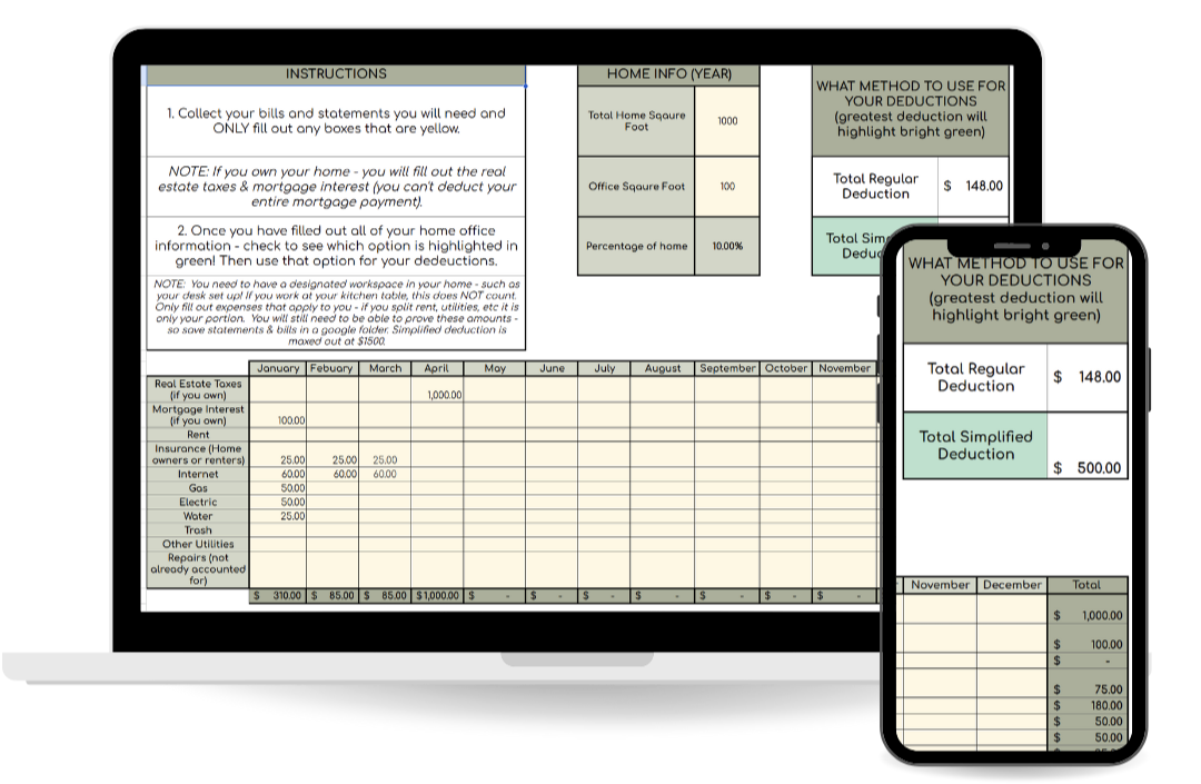 Google sheet calculator displayed on mobile device showing the calculated home office deduction for small business owners