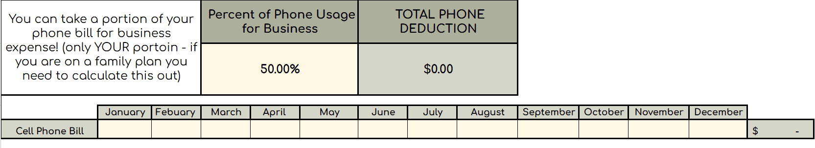 Google sheet calculator displayed with numbers plugged in calculating phone deduction for small business