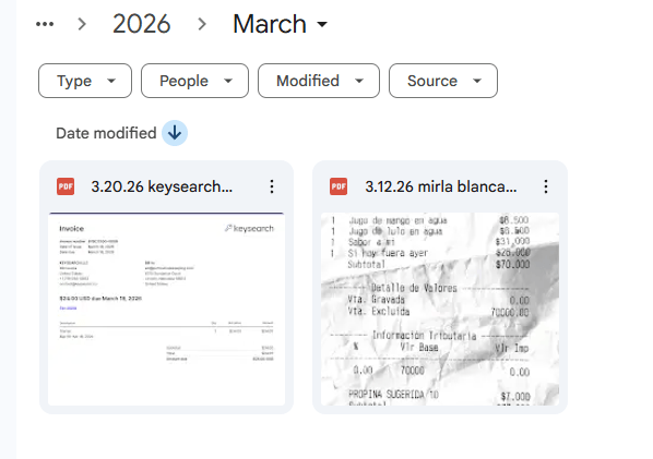 screenshot of organized google drive folder showing year, month, and searchable receipts labled as “date, payee, amount”