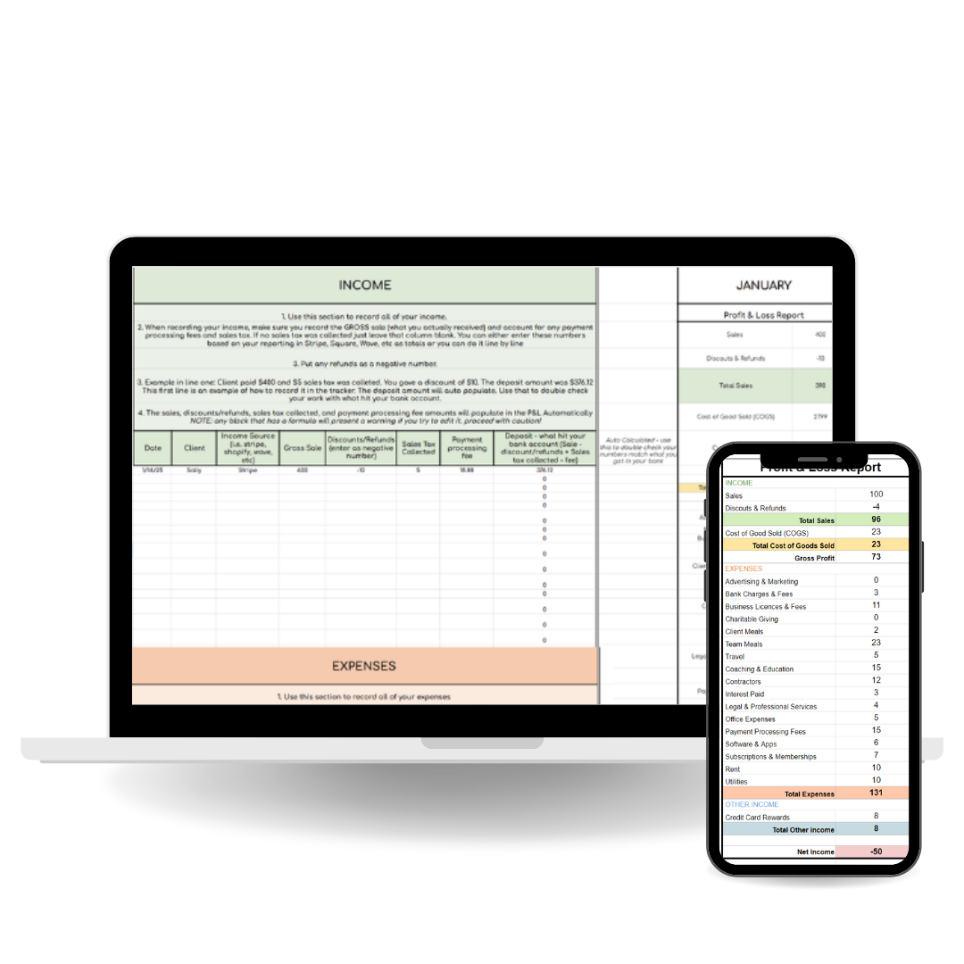DIY bookkeeping google sheet calculator displayed on mobile device showing profit and loss report for small business