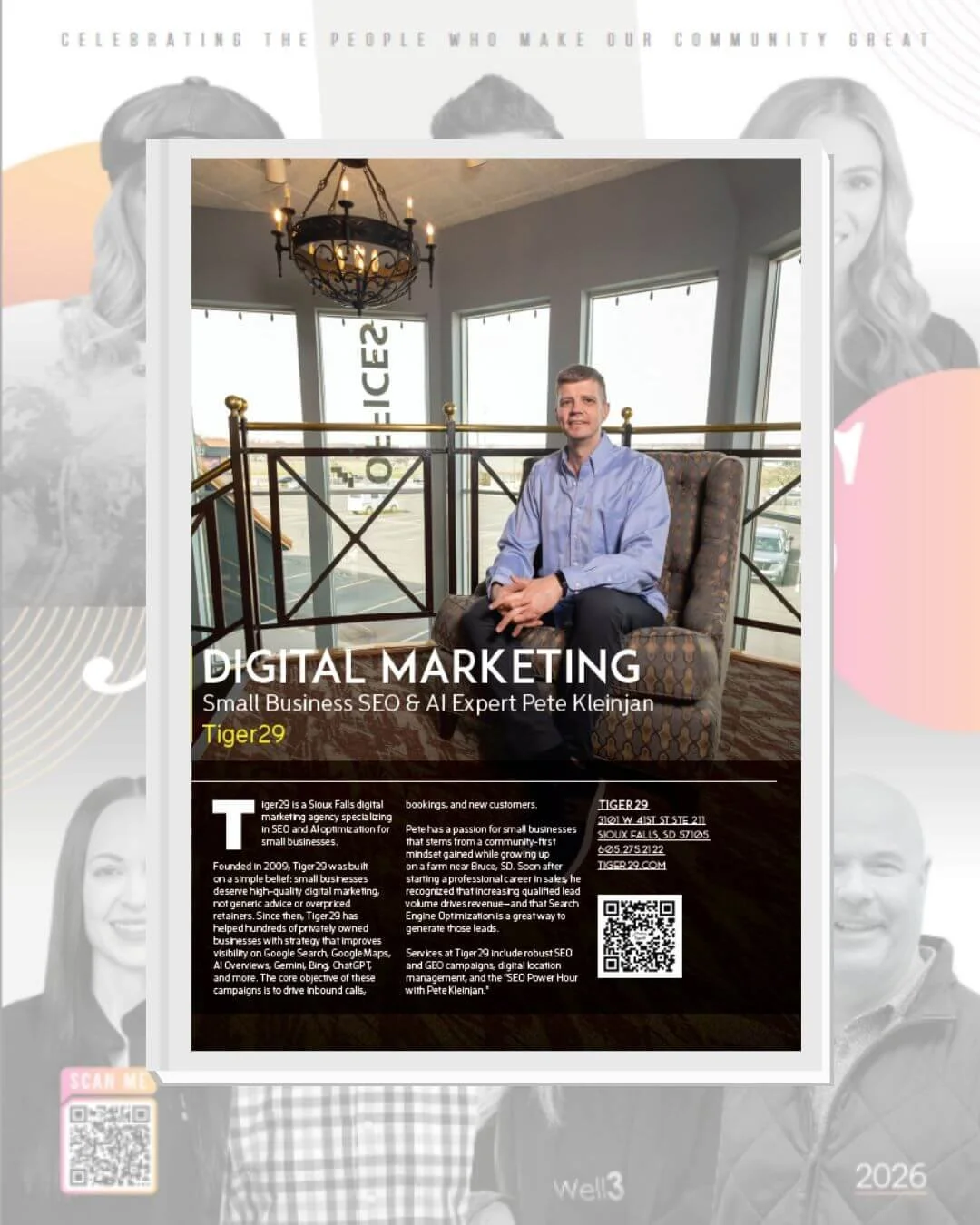 Faces of Sioux Falls 2026 page of Pete Kleinjan, a Small Business SEO & AI Expert at Tiger29.
