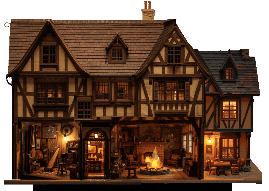 Listeners Lodge Ground Floor - a cozy Tudor inn with cutaway walls revealing warm fireplace front room and a music room with a harp and piano. Elizabeth Owens