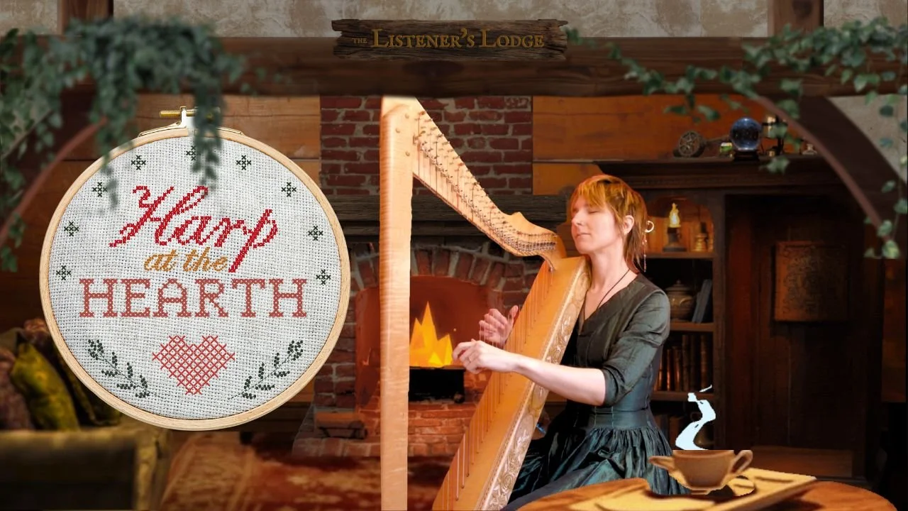Harp at the Hearth - Elizabeth Owens plays her Grand Harpsicle in the warm hearth room of the listener's lodge with a steaming cup of coffee in the foreground and cozy tudor archway overhead.
