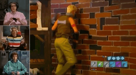someone dressed up as a Fortnite game character running continuously into a brick wall