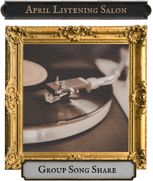April Listening Salon - a gold framed photo of a record player. Elizabeth Owens Music.