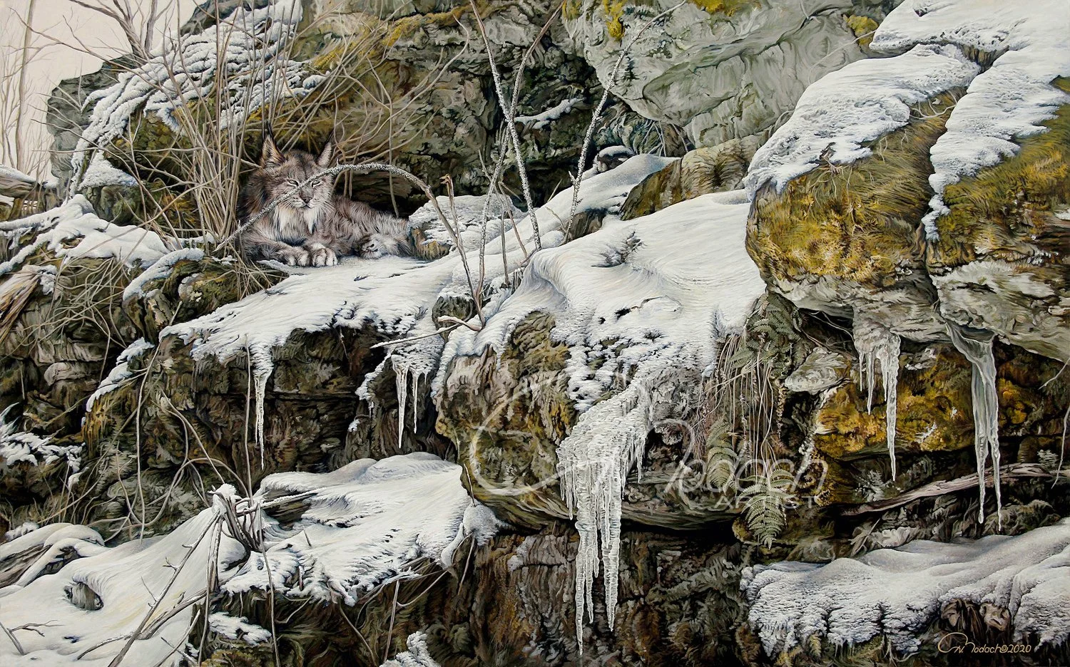 Harvey Bodach - Escarpment Limestone Nook with Lynx Preparing for