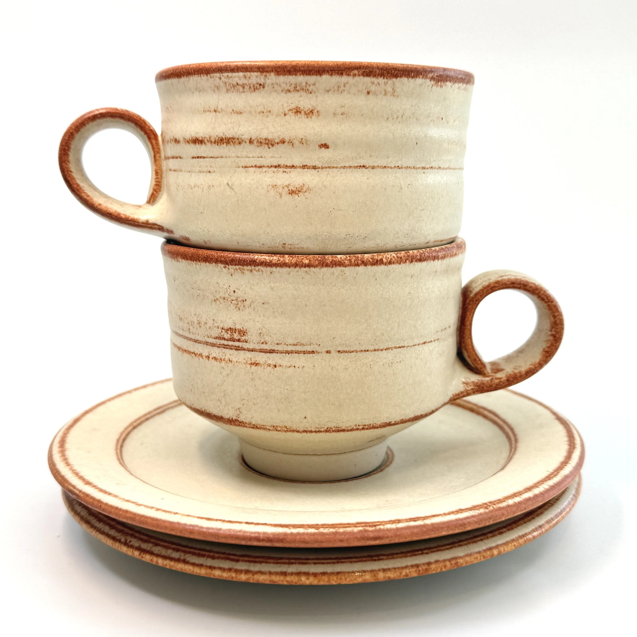 Janet DeBoos Set of 2 Coffee Cups & Saucers, Iconic Australian Studio Pottery, (D0380)