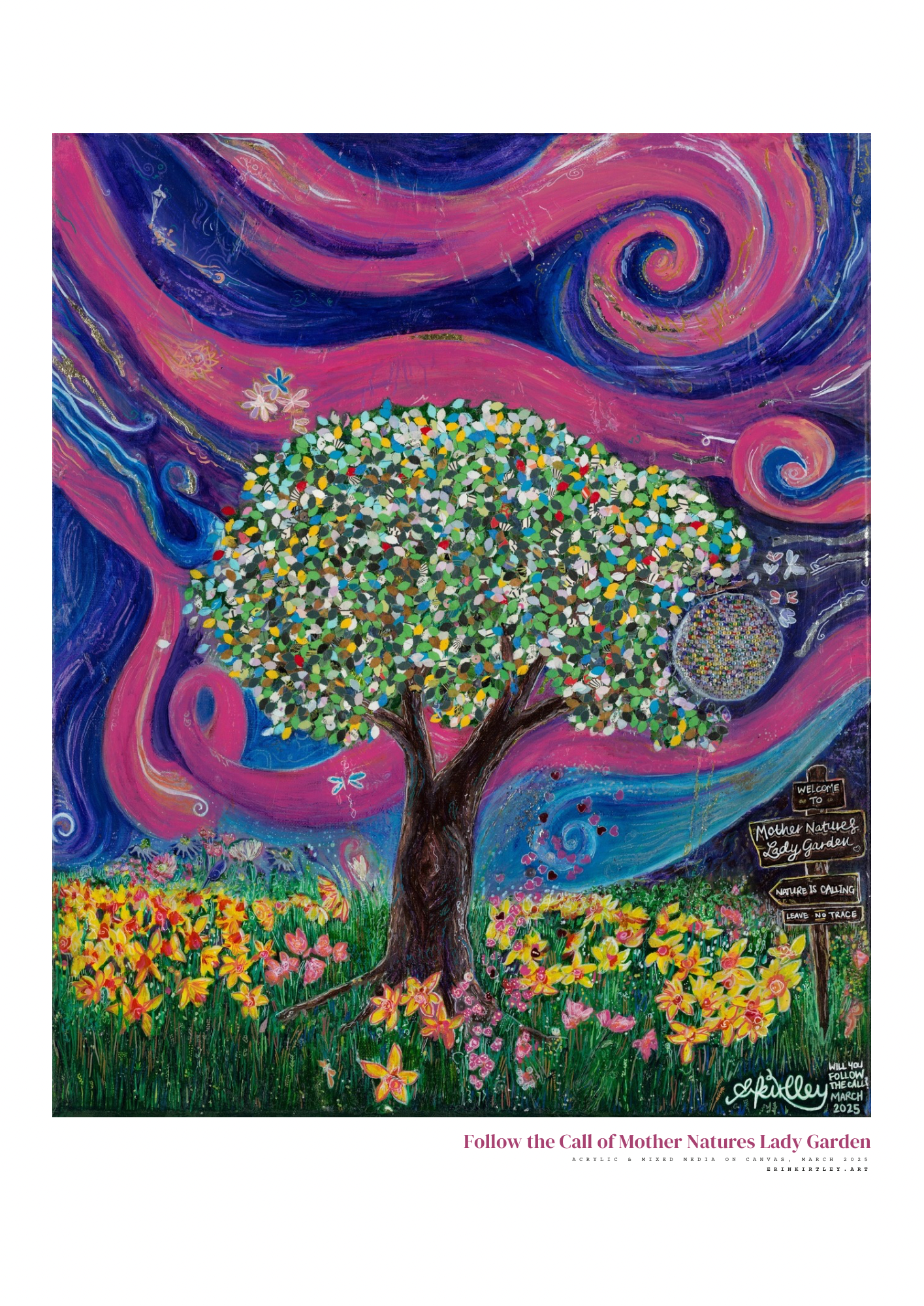 Colorful painting of a tree with a large, swirling night sky in pink, purple, and blue tones, surrounded by vibrant flowers and a sign that reads 'Welcome to Mother Nature's Lady Garden' and other call-to-action text.