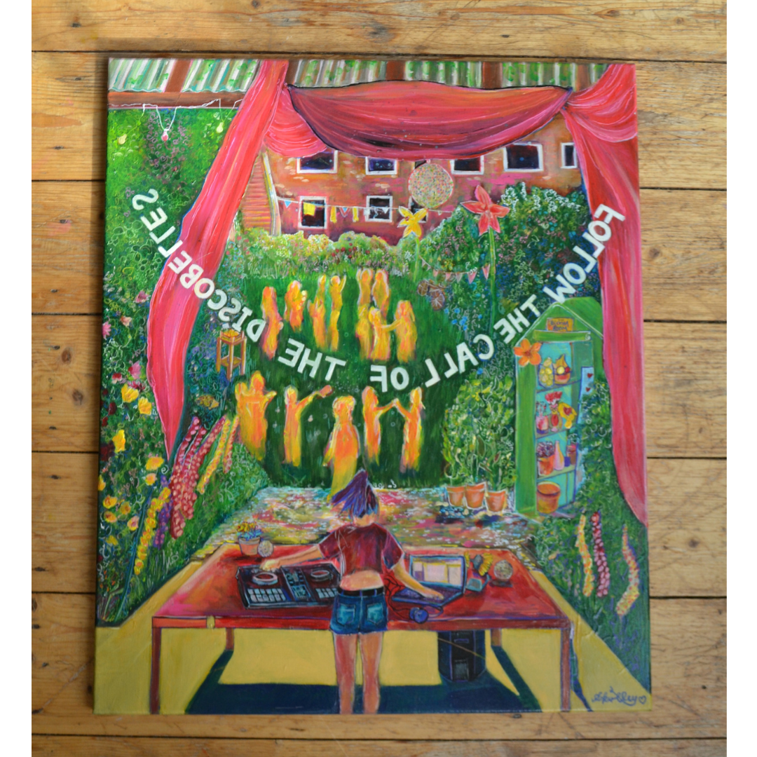 Colorful painting of a scene with a woman DJ playing music, surrounded by garden and house, decorated with banners and flowers, viewed through a stage curtain, with the words "The Call of the Disco God Is Falling the Curtain" written in a spiral.