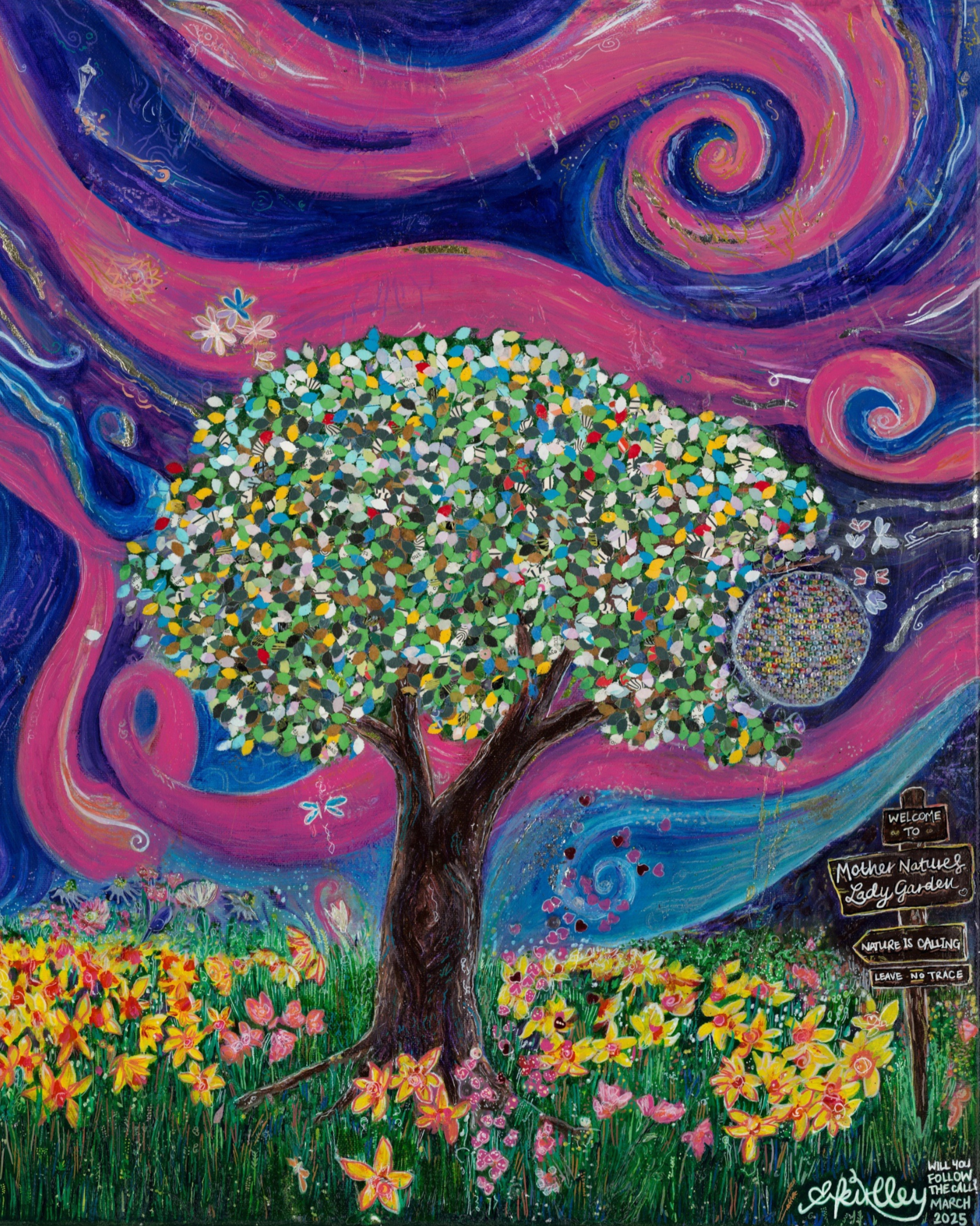 A vibrant, colorful painting of a tall tree with a thick brown trunk, lush green foliage, and myriad small, brightly colored flowers blooming at its base. The background features swirling pink, purple, and blue patterns, with white accents and small, decorative symbols, giving a whimsical, lively impression.