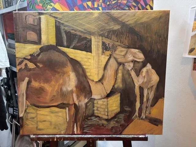 Painting of a brown horse with a dark mane and tail in a barn, standing with its head lowered, next to a woman in a light-colored shirt and hair tied back, inside a rustic wooden structure.