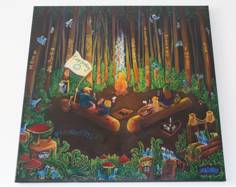 A painting of four people sitting around a campfire in a forest, with tall trees and blue birds. One person holds a sign that says 'Keep Smiling'. The scene includes musical notes, a guitar, and various decorative elements like mushrooms, a small bridge, and greenery.