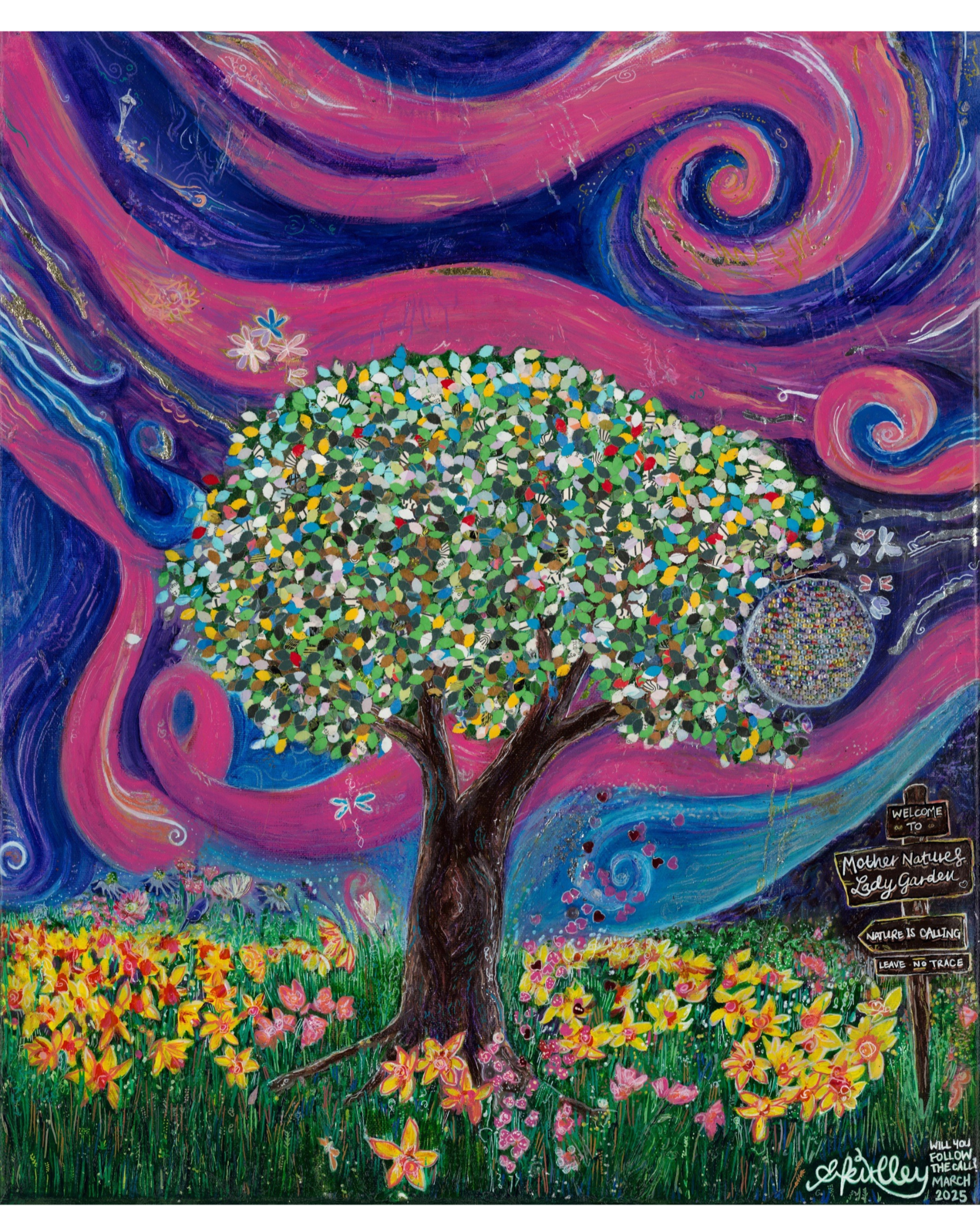 Colorful painting of a tree with a brown trunk and branches, surrounded by a field of multicolored flowers. The background features swirling patterns in shades of pink, purple, and blue, with smaller trees, butterflies, and inspirational signs with words like 'Mother Nature', 'Lady Garden', and 'Leave no trace'.