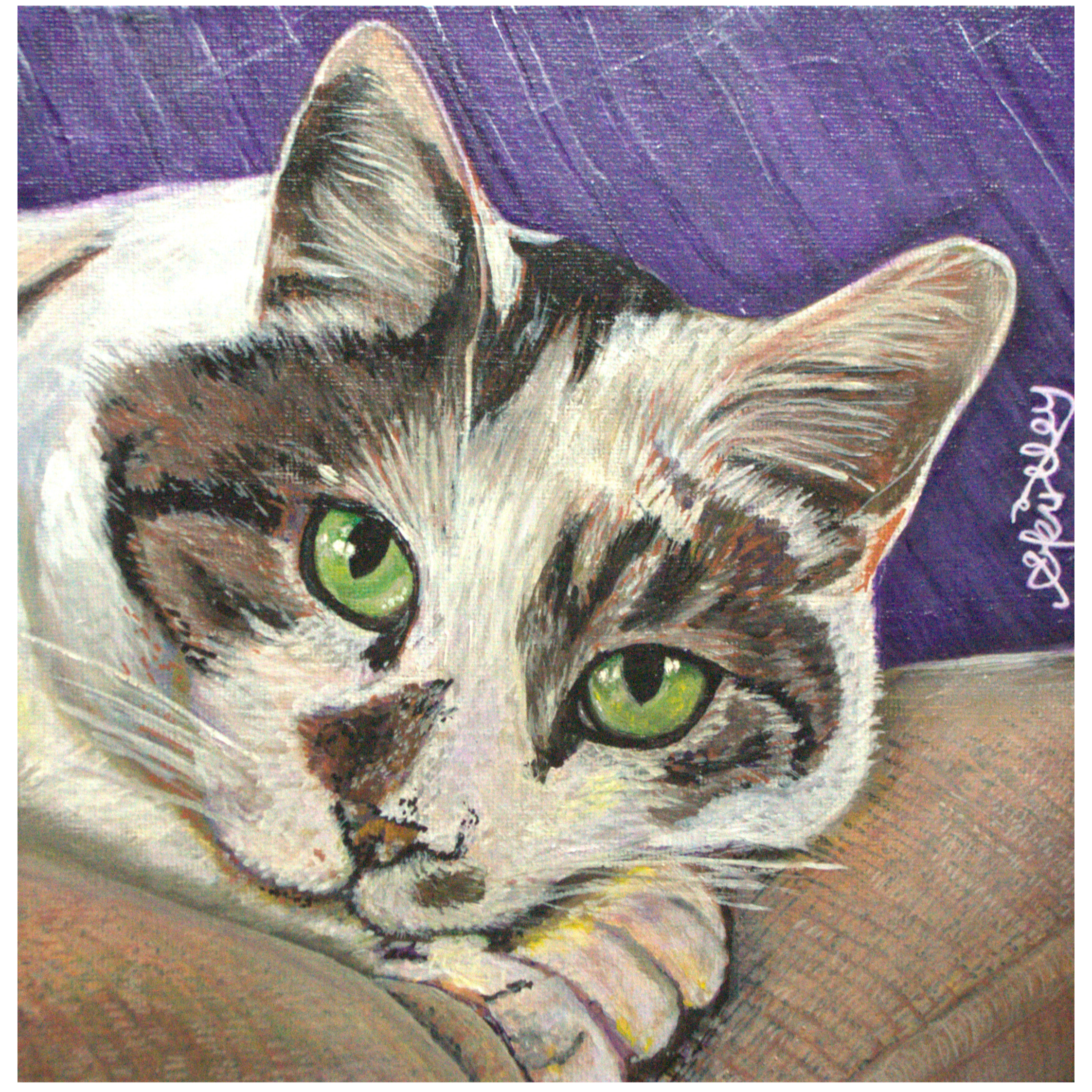 Close-up of a painted cat's face with green eyes, detailed fur, and a background of purple and pink strokes.