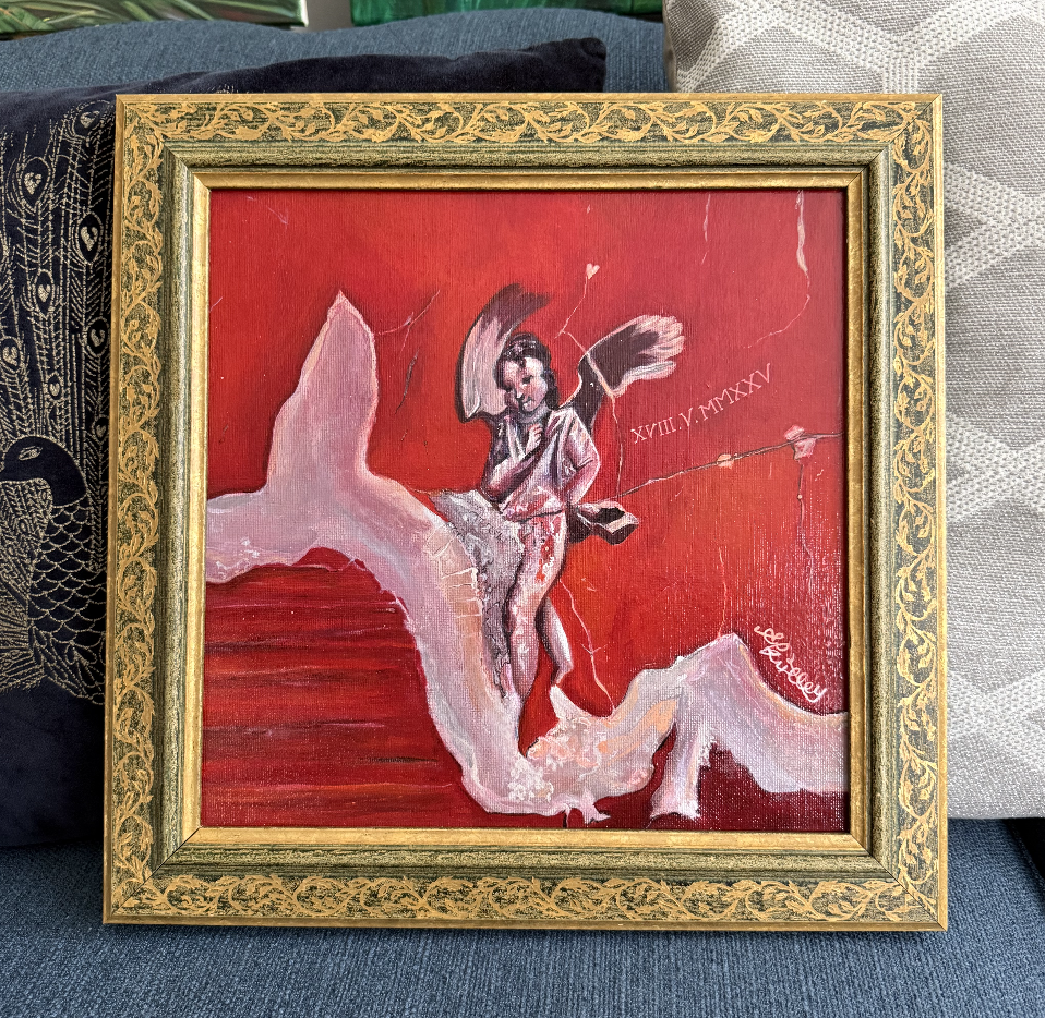 A painting of a figure riding a large white bird with a red background, framed in ornate gold.