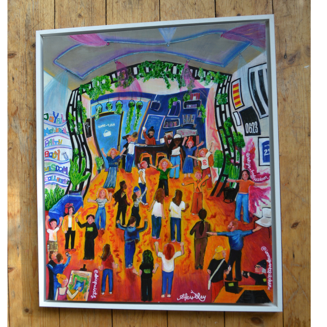 Colorful painting of a lively dance party in an indoor space with people dancing, celebrating, and socializing. The room has vibrant decorations, plants, and a bar area at the back.
