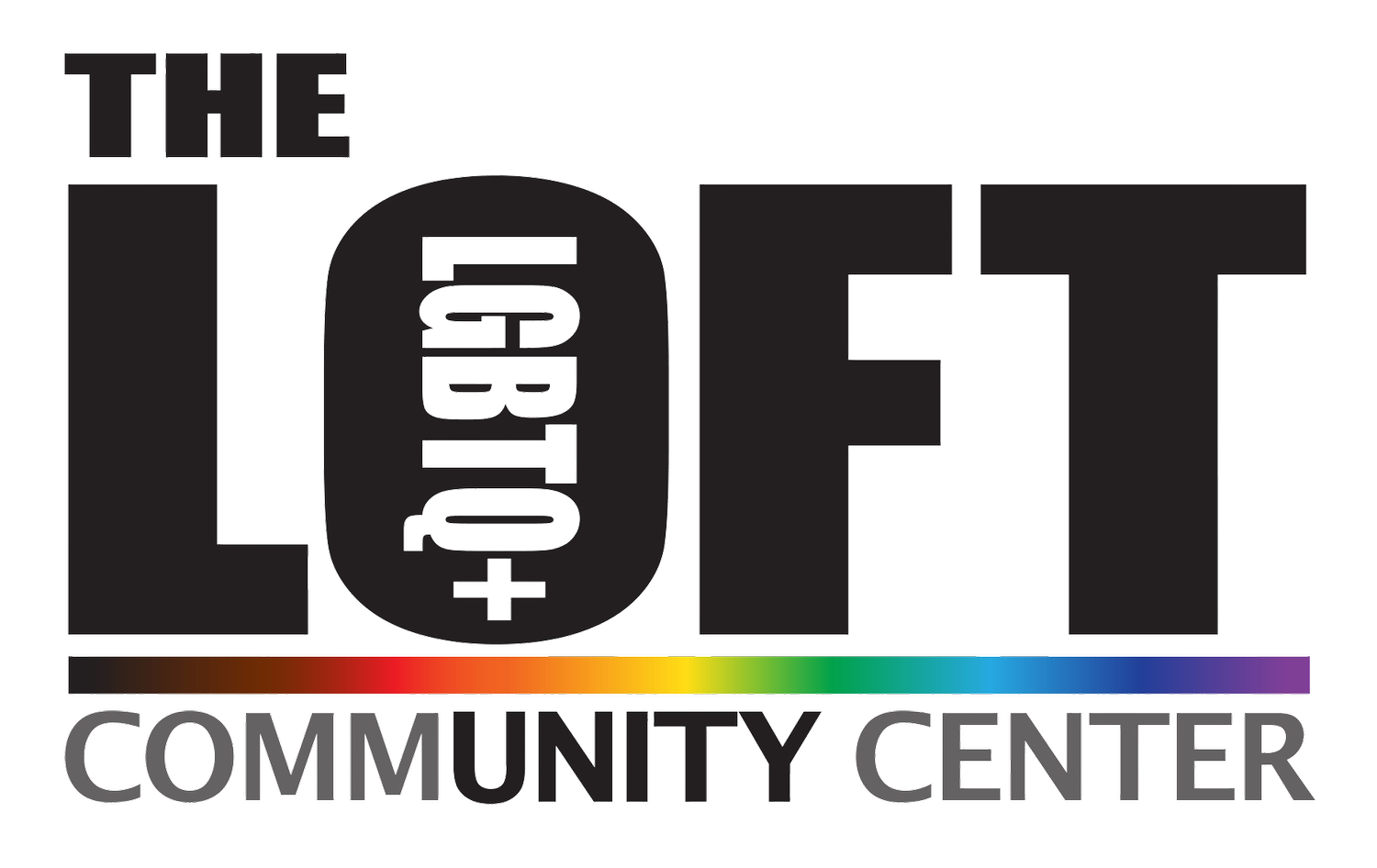 Logo for the LGBTQ+ Community Center with rainbow-colored line beneath and bold text reading 'LGBTQ+ Community Center'.