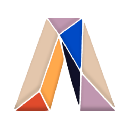 Colorful 3D letter 'A' made of geometrical shapes like triangles and parallelograms in red, orange, purple, blue, beige, and black.