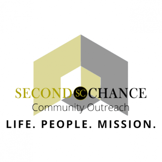 Logo for Second Chance Community Outreach featuring a stylized 3D house and the text "LIFE. PEOPLE. MISSION."