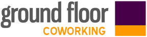 Logo featuring the words 'ground floor' in gray and 'COWORKING' in orange, with purple and orange bars beneath.