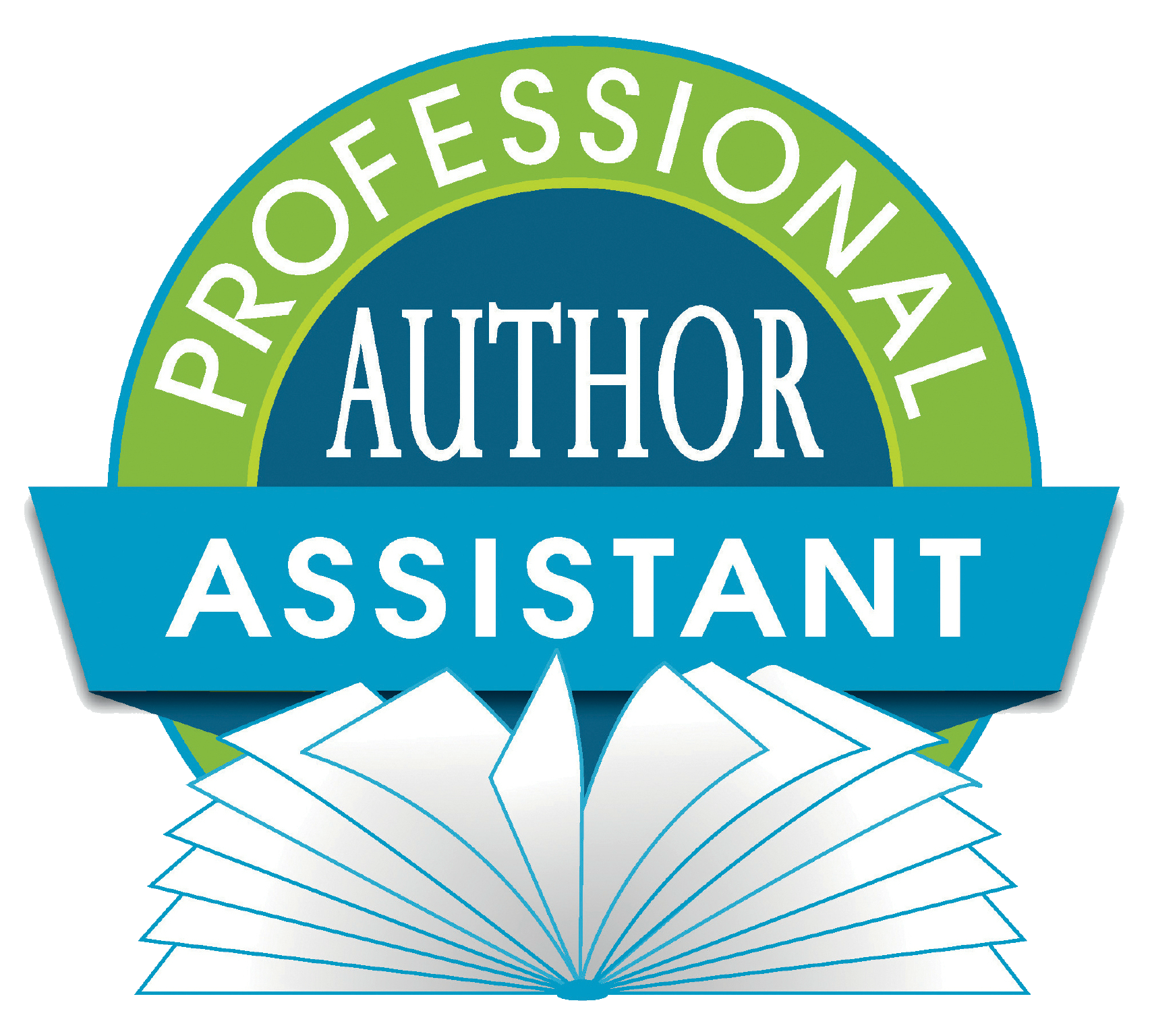 Certification badge for a professional assistant, featuring a stylized open book at the bottom, a starburst design, and text indicating 'Professional' and 'Author' with a green and blue color scheme.