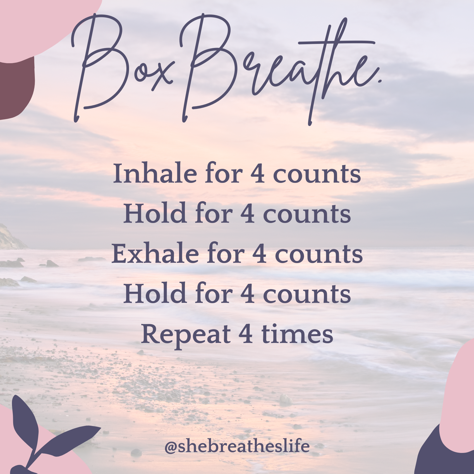 serene waters with text: Box Breathe. Inhale for 4 counts  Hold for 4 counts  Exhale for 4 counts  Hold for 4 counts  Repeat 4 times