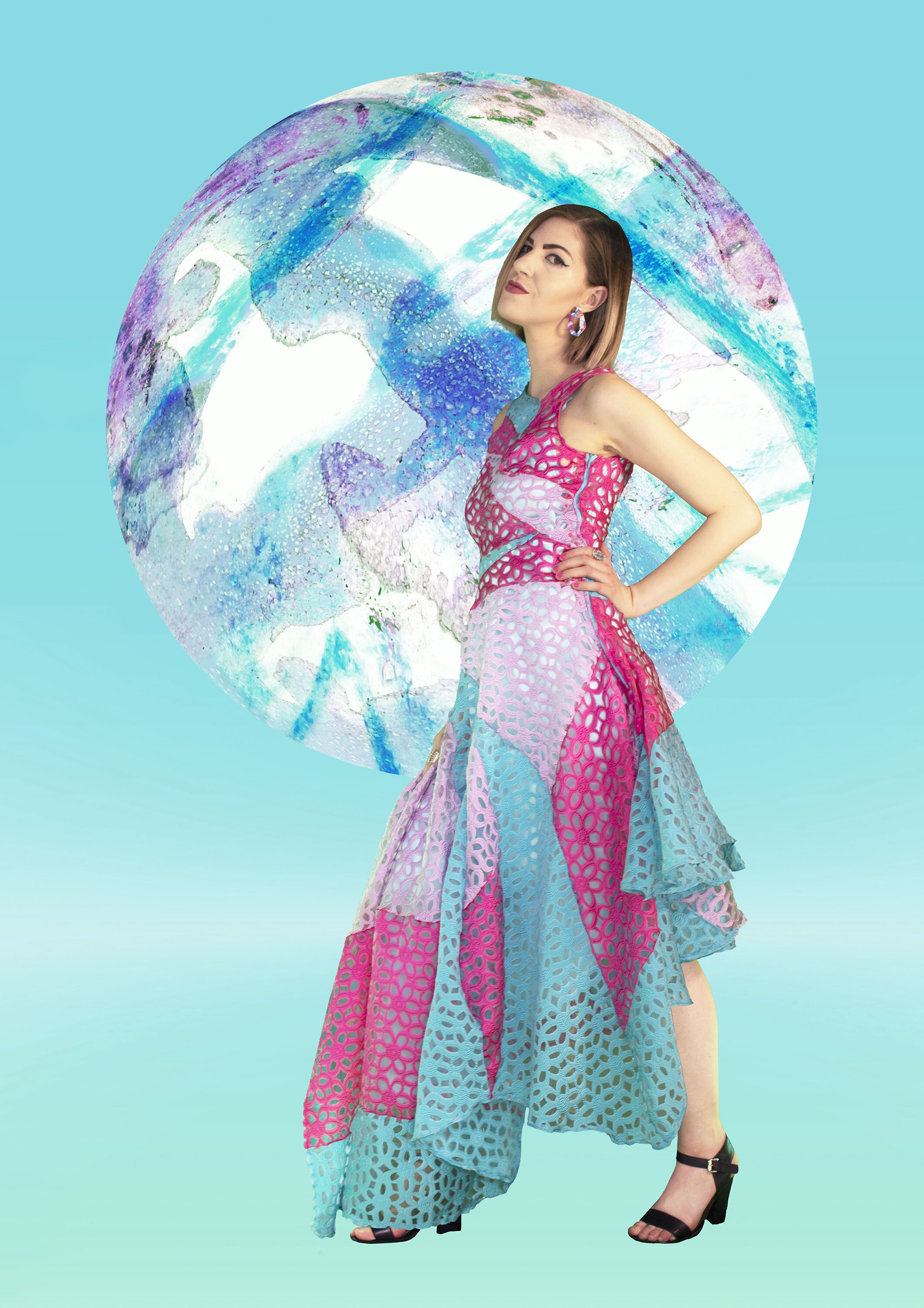 The Phoenix of Dreams by Nicole Melnicky, 20 x 12", Garment Constructed from Collaged Fabrics, Overlaid projection of Utopian Universe Uranus, 2021.
