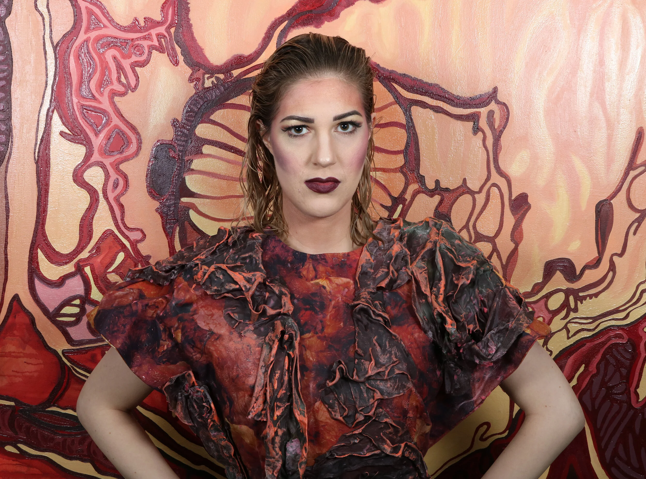 The Phoenix by Nicole Melnicky, 20 x 12", Digital print on polyester duck canvas, crepe de chine, acrylic paint, wax, shellac. Oil painting on canvas, 2018. 