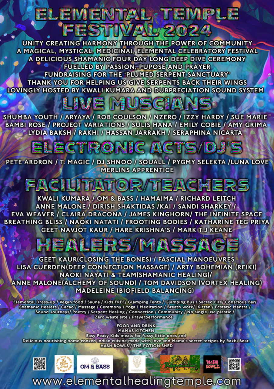 Poster for the Elemental Temple Festival 2024 with colorful background, announcing live music, electronic acts, facilitators/teachers, healers/massage, food, and activities for the festival from April 4 to 7, 2024.