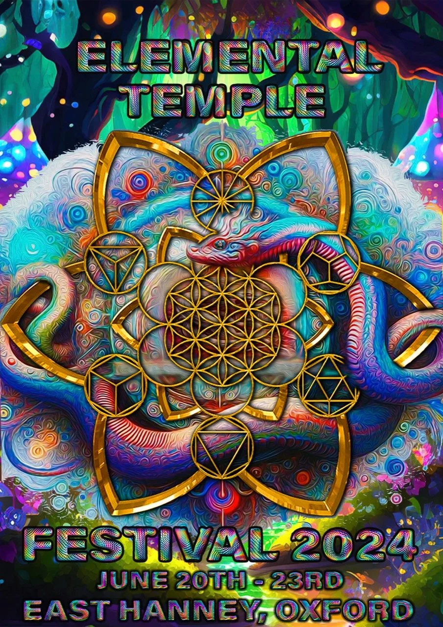 Colorful poster for the Elemental Temple Festival 2024, taking place June 20th to 23rd in East Hanney, Oxford. Features mystical symbols, a snake, and vibrant geometric patterns with glowing elements.