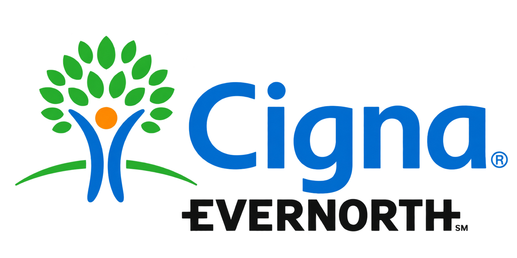 Logo for Cigna Evernorth, featuring a stylized tree with green leaves, a red-orange circle representing the sun or a person, and the text 'Cigna' in blue and 'Evernorth' in black.