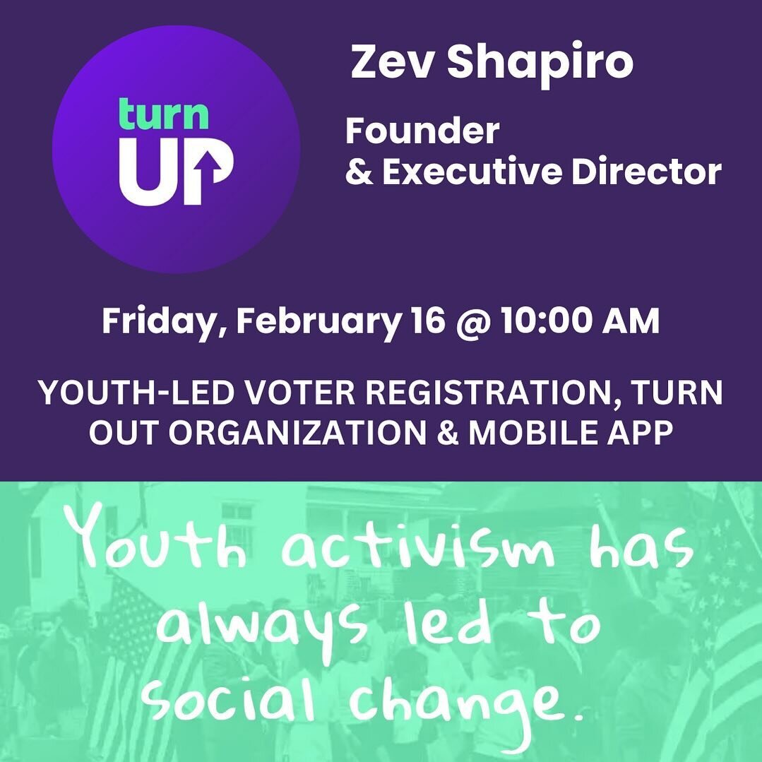 Friday Focus 🔎
 
Let&rsquo;s discuss the youth vote!!

10am- we welcome back Zev Shapiro, Founder &amp; Executive Director of&nbsp;TurnUp @turnupactivism 

TurnUp is a 501(c)(3) non-profit, that has become the nation&rsquo;s largest youth-led voter 