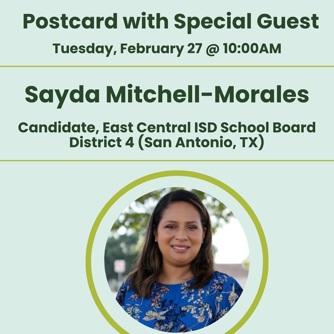 Two Speaker Tuesday! 🗣️ 

Join us as we discuss two local elections: San Antonio, Texas &amp; Baldwinsville, NY, Onondaga County in Upstate New York 

&bull;10 AM-Sayda Mitchell-Morales
Candidate for East Central ISD School Board, District 4 (San An