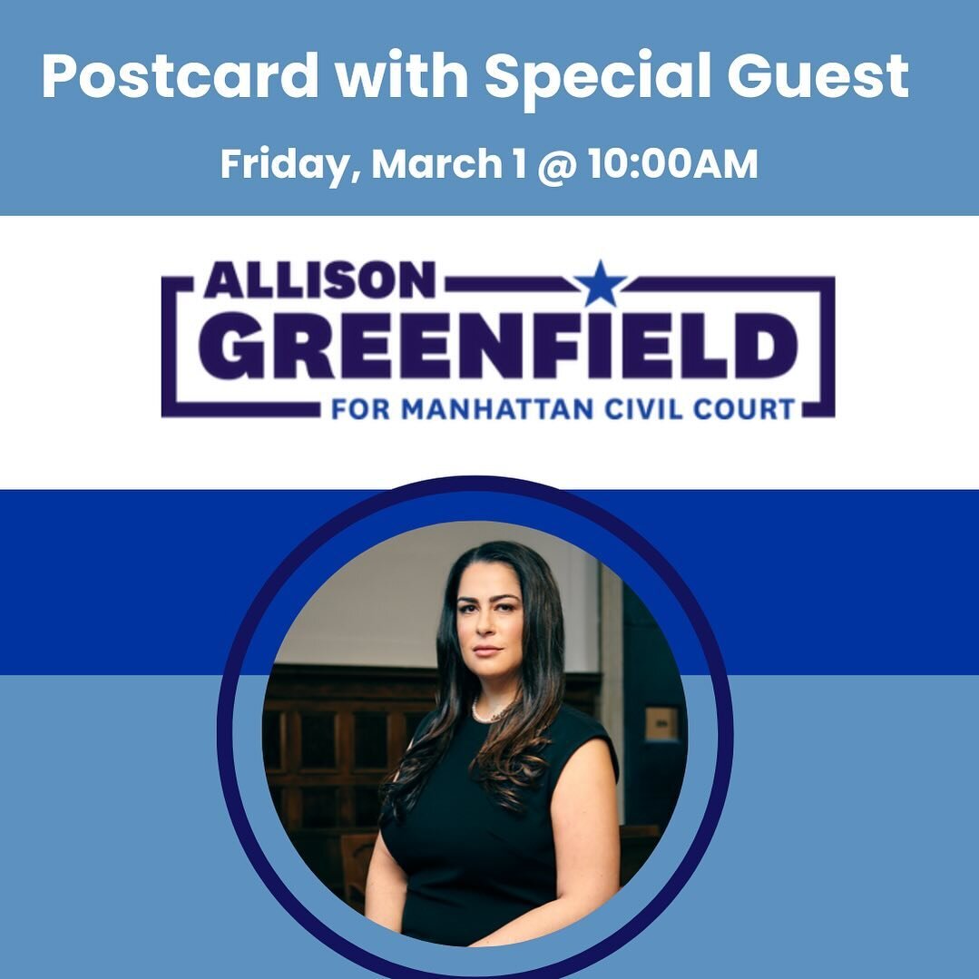Friday Focus 🔎 NYC local election.

&bull;10 am we welcome Allison Greenfield, candidate for Civil Court in NYC @greenfield4civilcourt 

Allison has lived on the Lower East Side for the past 20 years.&nbsp;Since 2019 she has been the Principal Law C