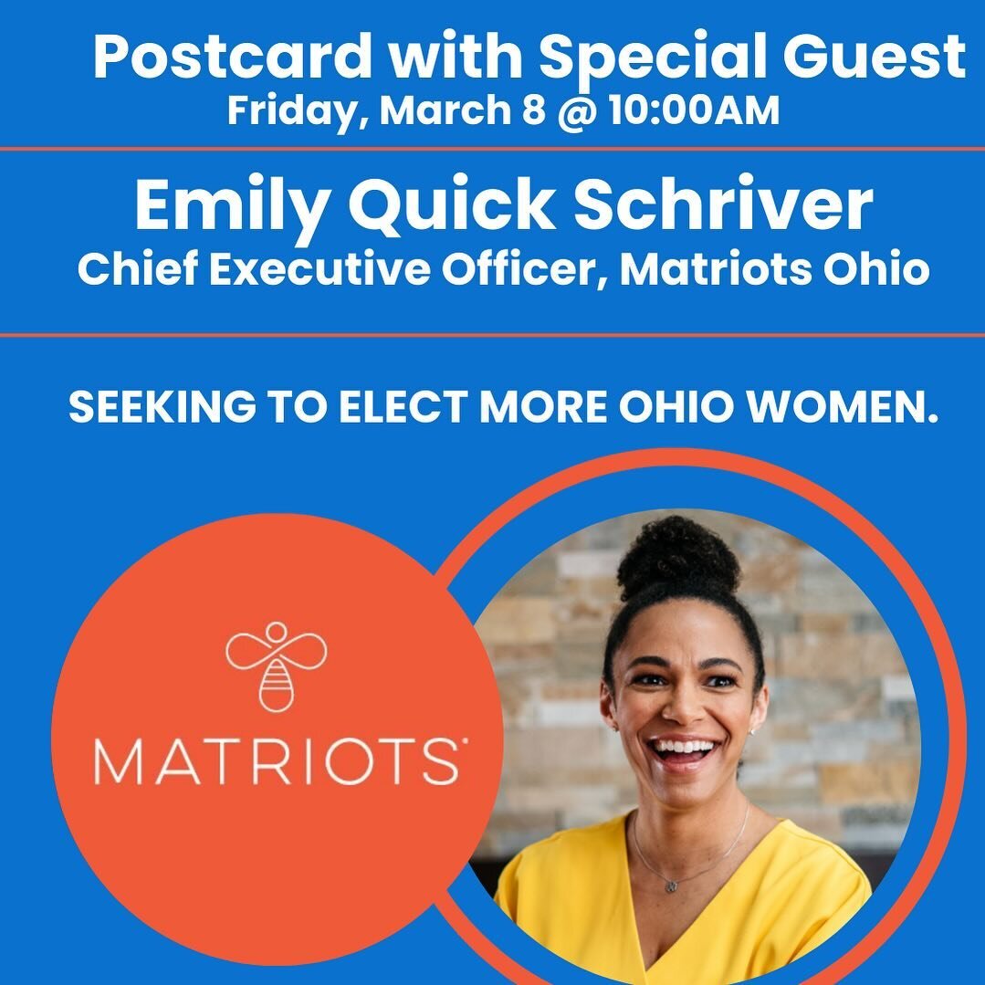 Friday Focus 🔎 Ohio! 

10 am: Emily Quick Schriver,
Chief Executive Officer, Matriots Ohio @matriotsohio 

The Matriots is a nonprofit, nonpartisan organization dedicated to supporting, endorsing, and encouraging Ohio women candidates.&nbsp; The Mat