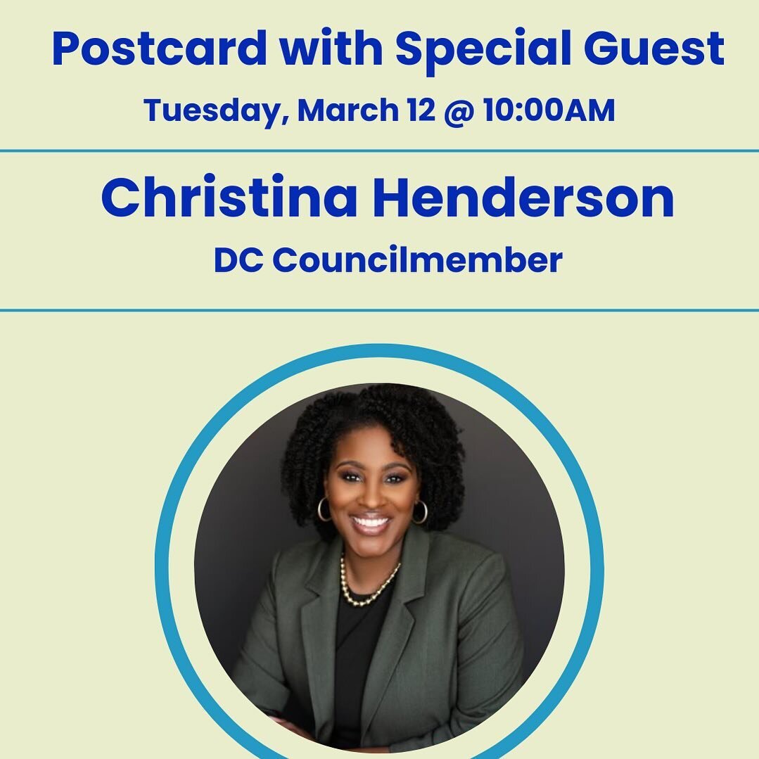 Join us at 10 am as we welcome back Christina Henderson	
DC Council, Candidate for re-election @christinahendersondc 

Christina Henderson visited our Zoom in the summer of 2020 when she was first running to be an At-Large member of the Council of th