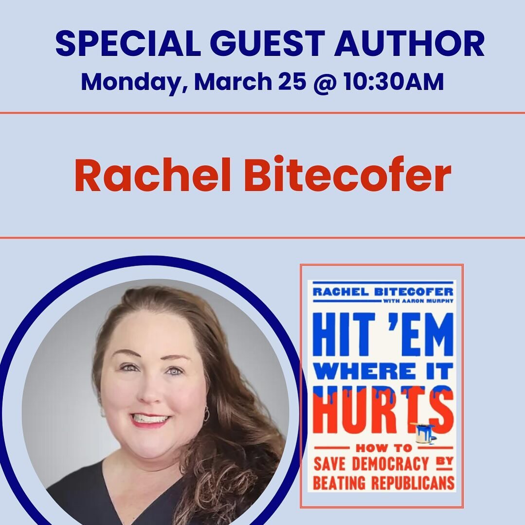 Don&rsquo;t miss this speaker! Let&rsquo;s learn how to message to win in November! 

Join the discussion Monday morning at 10:30am with author Rachel Bitecofer @rachelbitecofer. 

Rachel Bitecofer is the author of the recently published &ldquo;Hit &