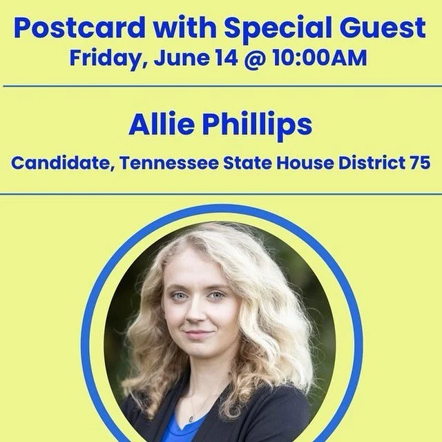 Friday Focus on Tennessee! 

&bull;10am: Allie Phillips, Candidate for TN State House (D-75) @allie4tn 

Allie Phillips is a 28-year-old mother, advocate and Tennessee native running for TN State House District 75 in Montgomery County, TN. In 2022 sh