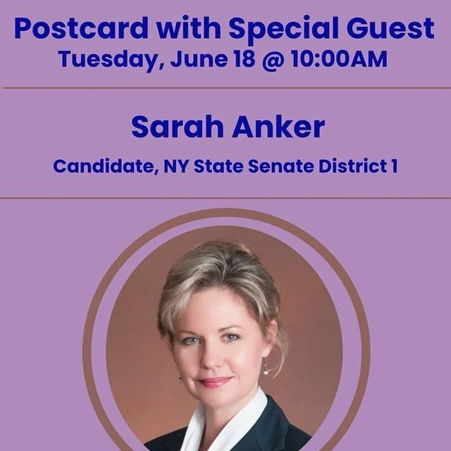 Two Speaker Tuesday

&bull;10:00am: Sarah Anker, Candidate for NY State Senate -District 1 @sarahanker2024 

&bull;10:45am: Brian Derrick, Co-Founder &amp; CEO Oath.vote&nbsp;
 Sarah Anker, a former Suffolk Cty Legislator, and community advocate who 