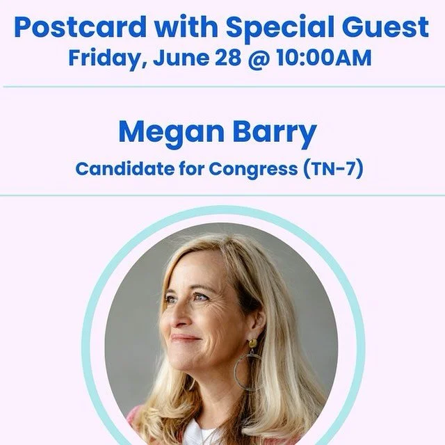 Friday Focus on Tennessee!

&bull;10am: Megan Barry, Candidate for Congress, TN-7 @mayormeganbarry 

As a mother, wife, businessperson, community leader, former Metro Council Member and first woman elected Mayor of Nashville, Megan Barry is running f