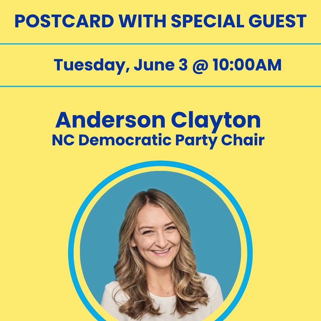 ☀️Tuesday morning hop on beginning at 9:30am ET to write postcards, talk about the news and hear from candidates and political leaders. 

&bull;10AM- We welcome back Anderson Clayton, NC Dem Party Chair @andibreeze 

Anderson Clayton serves as the cu