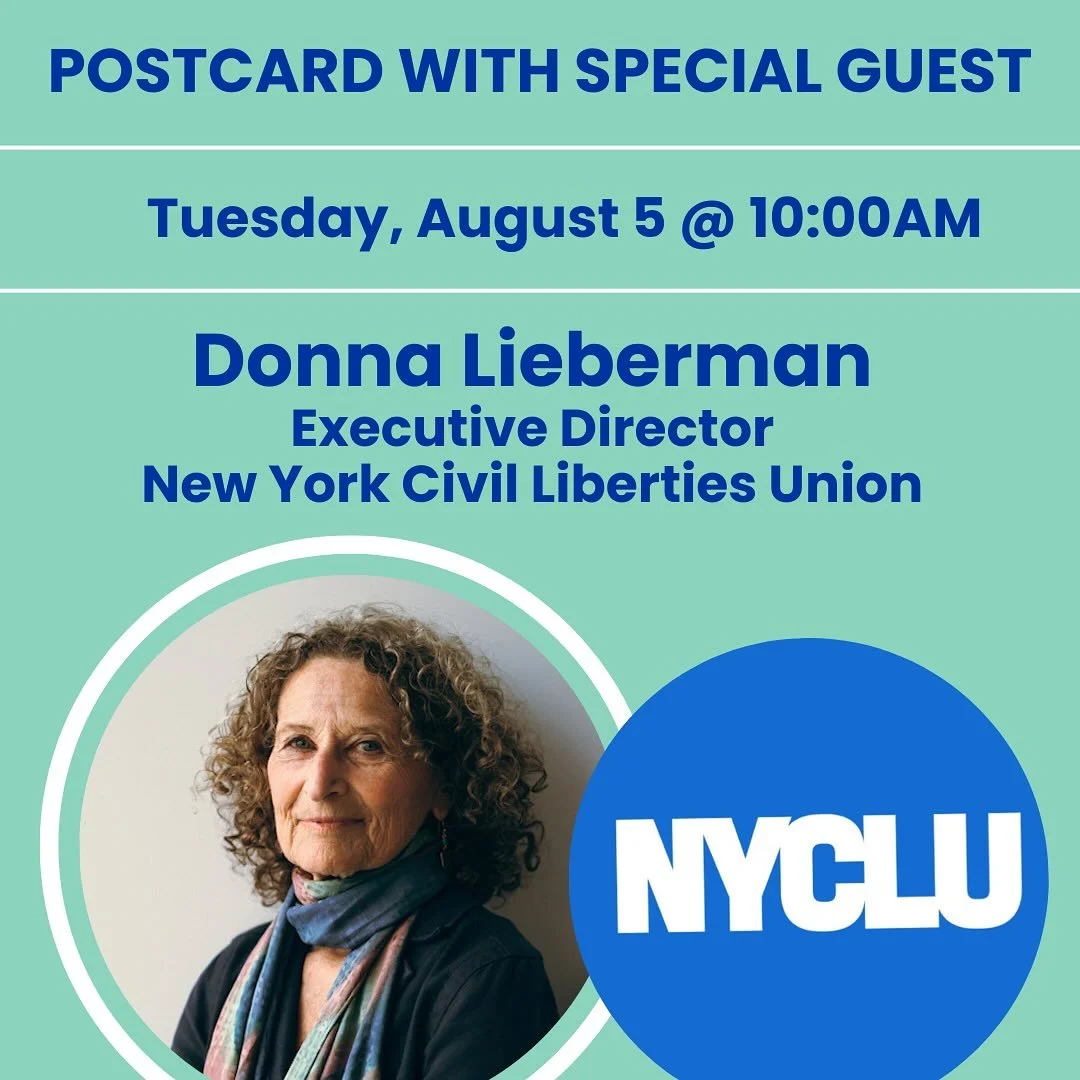 Hop on Tuesday morning beginning at 9:30am to write postcards and talk about the news!

&bull;10AM: Donna Lieberman,
Executive Director,
New York Civil Liberties Union @nyclu @dlnyclu 

Advancing rights to deliver more liberty and justice to more New