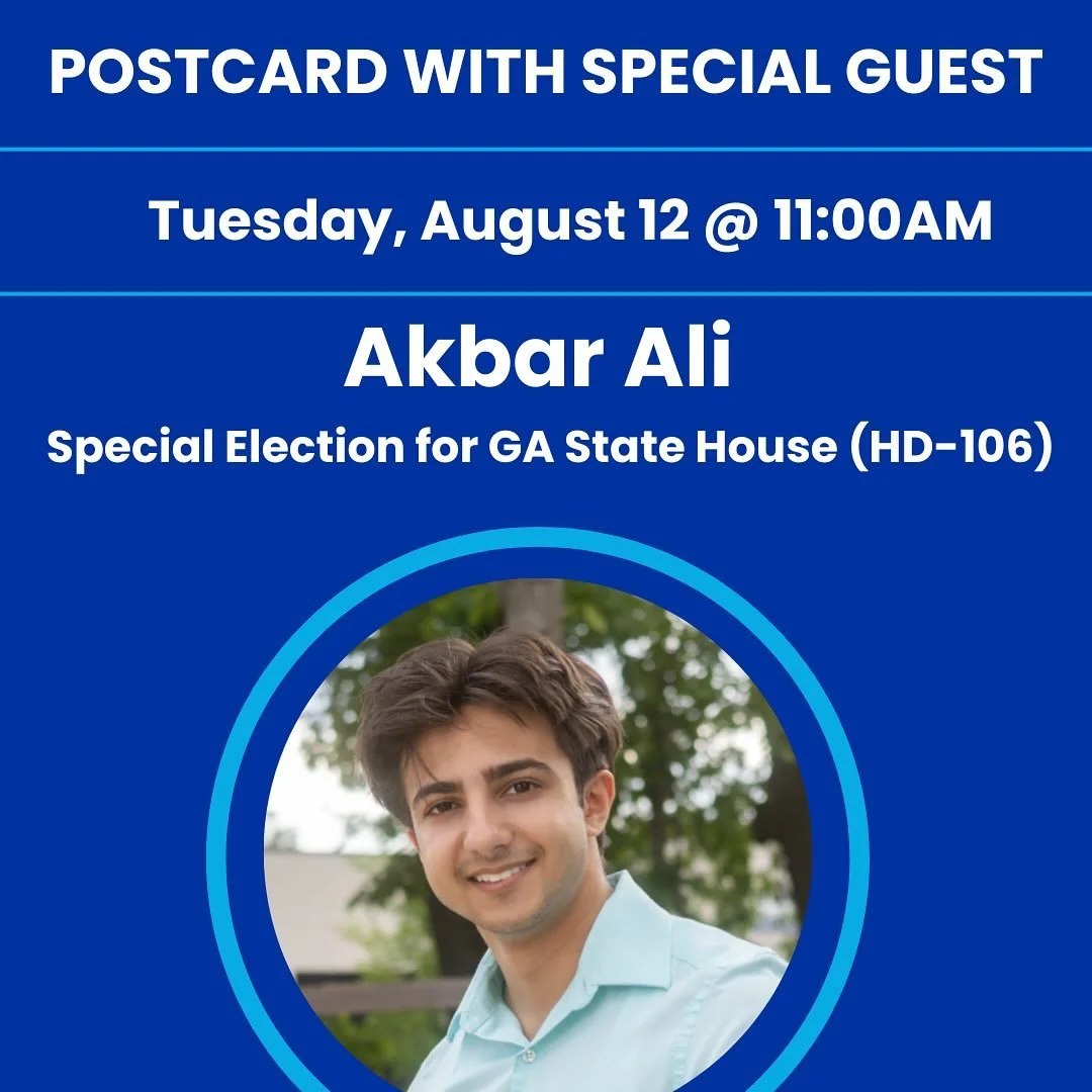 Two Speaker Tuesday: Meet candidates from Nebraska &amp; Georgia 

&bull;10AM: Denise Powell
Candidate in Democratic Primary  for Congress (NE-02)

&bull;11AM: Akbar Ali, Special Election for GA State House (HD-106) @for.akbarali 

Akbar Ali is a pro