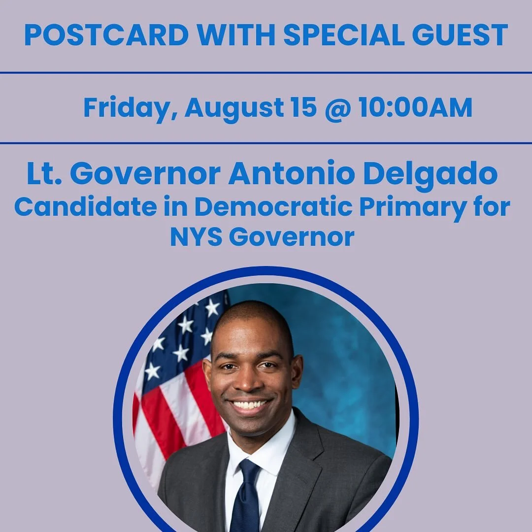 Join us Friday morning for postcard &amp; lively conversation beginning at 9:30 am!

&bull;10AM: Antonio Delgado, Candidate in Democratic Primary for NYS Governor&nbsp;@delgadoforny 

Born and raised in Schenectady, Antonio Delgado is the son of work