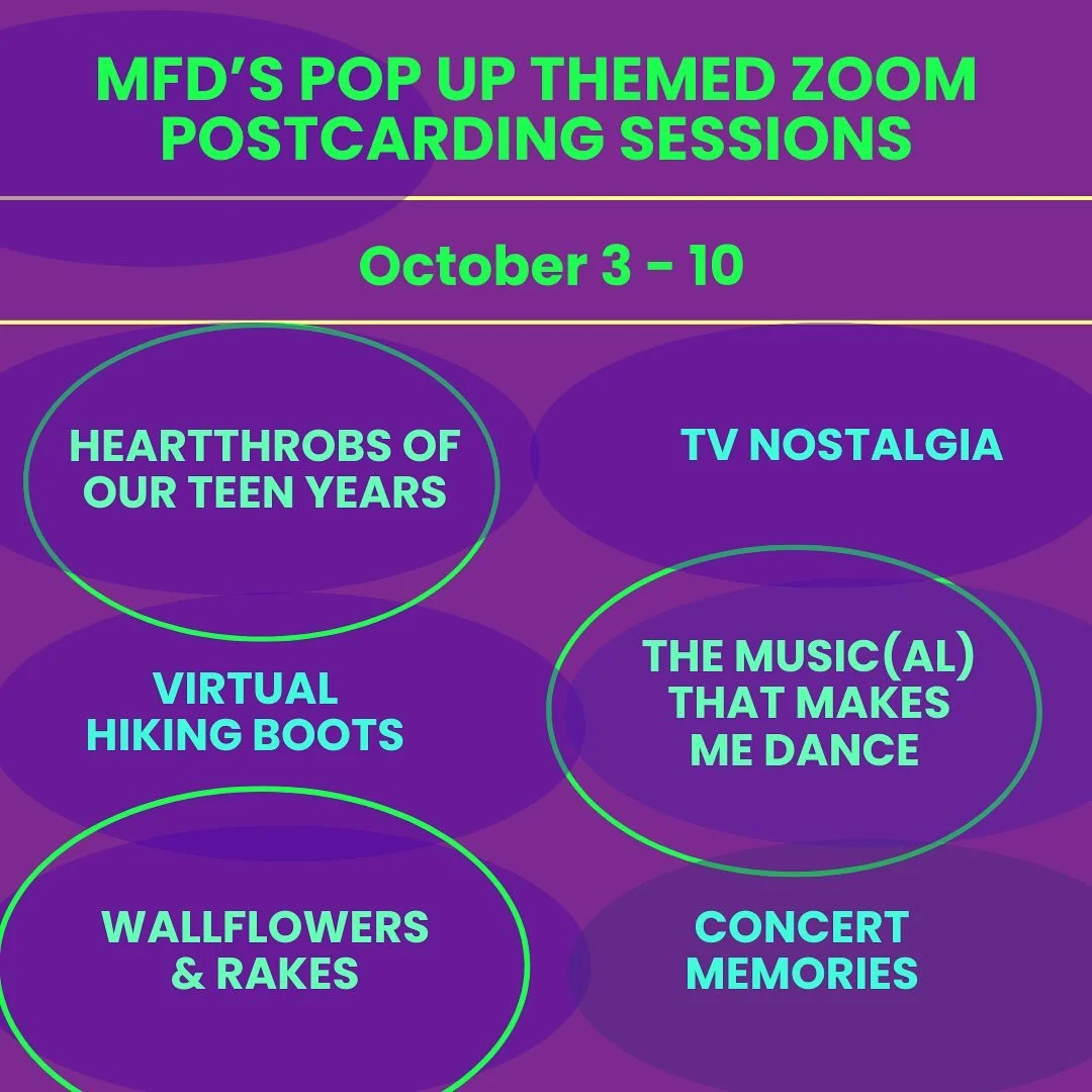 💥JUST ADDED: POP UP THEMED ZOOM POSTCARDING SESSIONS 

Check out our fun-filled series of extra postcarding, conversation &amp; community! 

October 3-10: Beginning this Friday Afternoon at 1pm as we work to write GOTV #PostcardsToVoters ahead of El