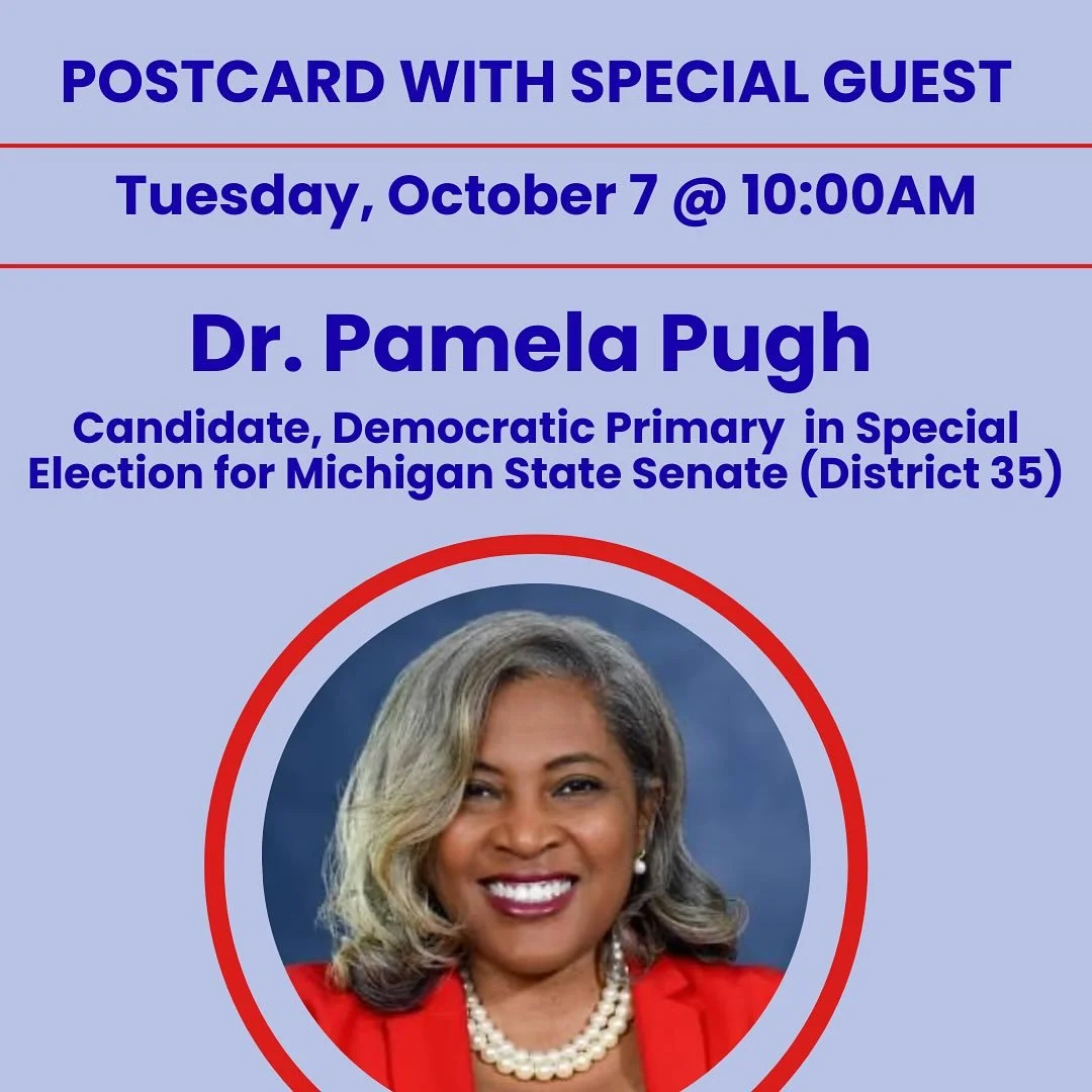 Join us Tuesday morning for postcarding and conversation beginning at 9:30am. We are writing for races in MN, NJ, PA &amp; VA! Link in bio to get started. 

&bull;10AM: Dr. Pamela Pugh, Candidate in Democratic Primary in Special Election for MIchigan