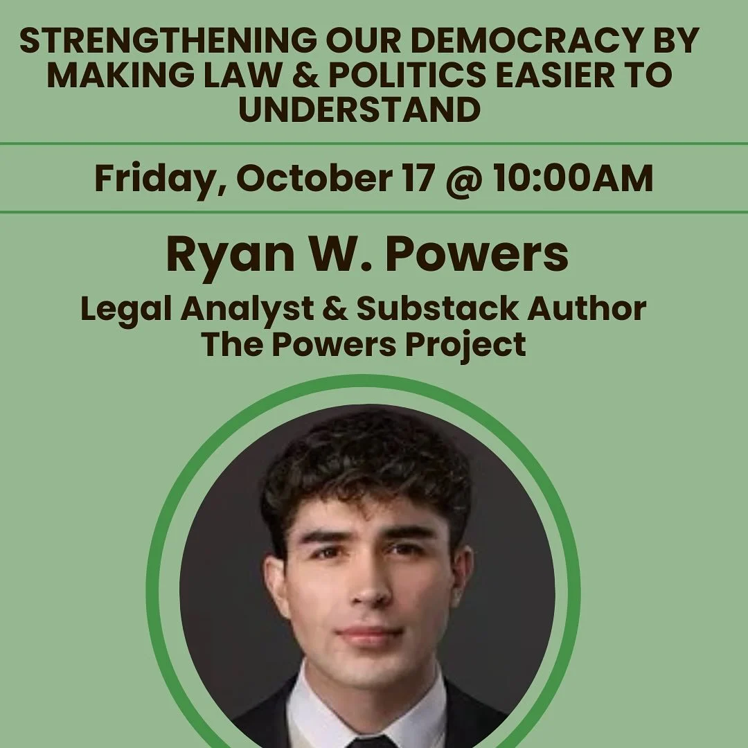 Join us Friday morning for postcard writing and conversation beginning at 9:30 am!

&bull;10 am: Ryan W. Powers, Legal Analyst &amp; Substack Author, The Powers Project @ryanwillpowers 

&bull;11 am: Fergie Reid Sr.
Civil Rights Activist &amp; Former