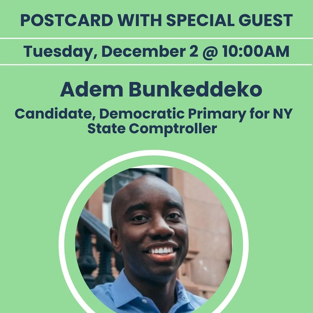 ✨Tuesday morning, join the conversation with two candidates running in the Democratic primary in New York State ✨

&bull;10 AM: Adem Bunkeddeko, Candidate, Democratic Primary for NY State Comptroller @adembunkeddeko 

&bull;11 AM: Vanessa Aronson 
Ca