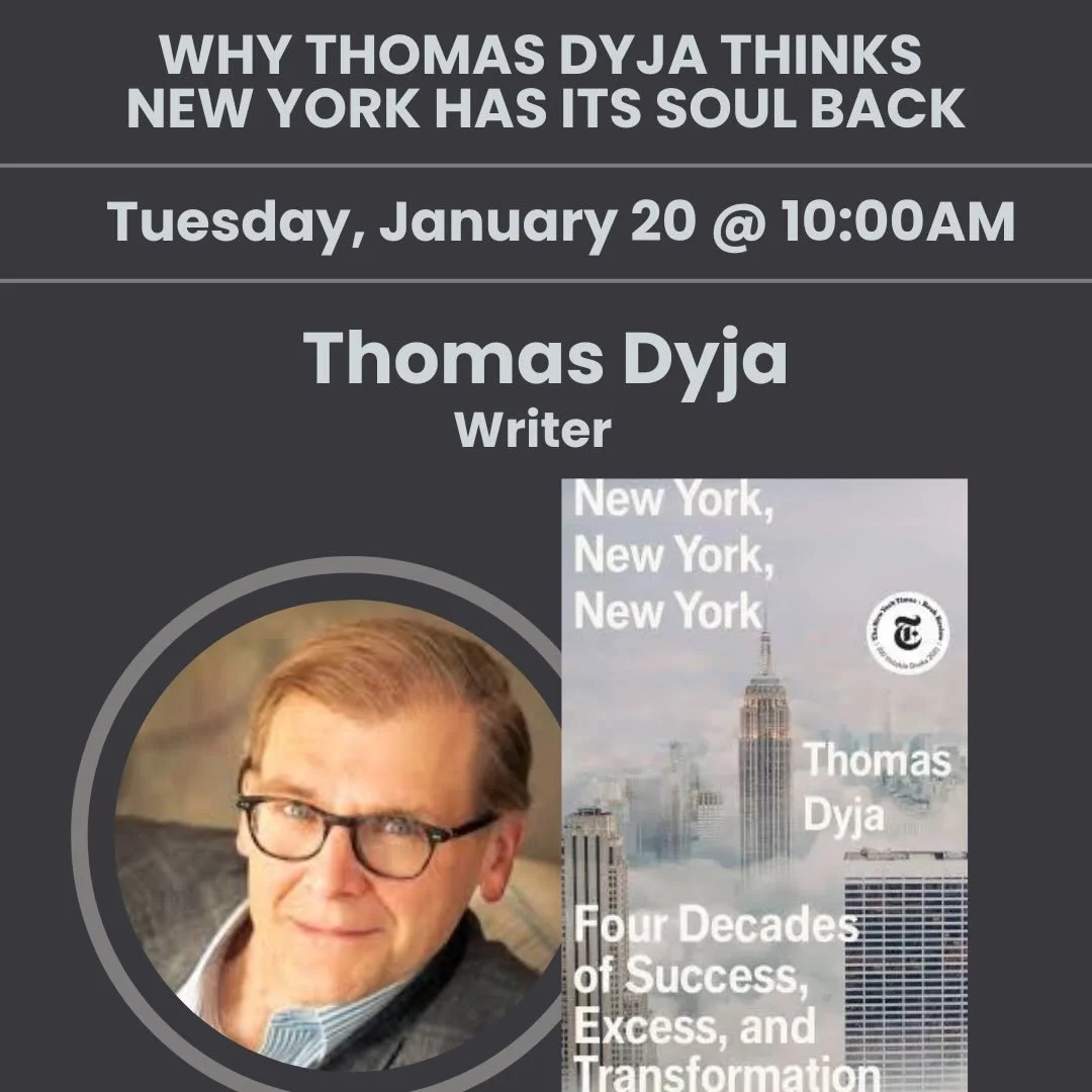 Two Speaker Tuesday! 

&bull;10AM: We are delighted to welcome back Thomas Dyja, Writer @tdyja 

&bull;11:30AM: Julio Salinas
Candidate in Democratic Primary, Texas House District 41 

Thomas Dyja last visited us in June 2021, almost 5 years ago, to 