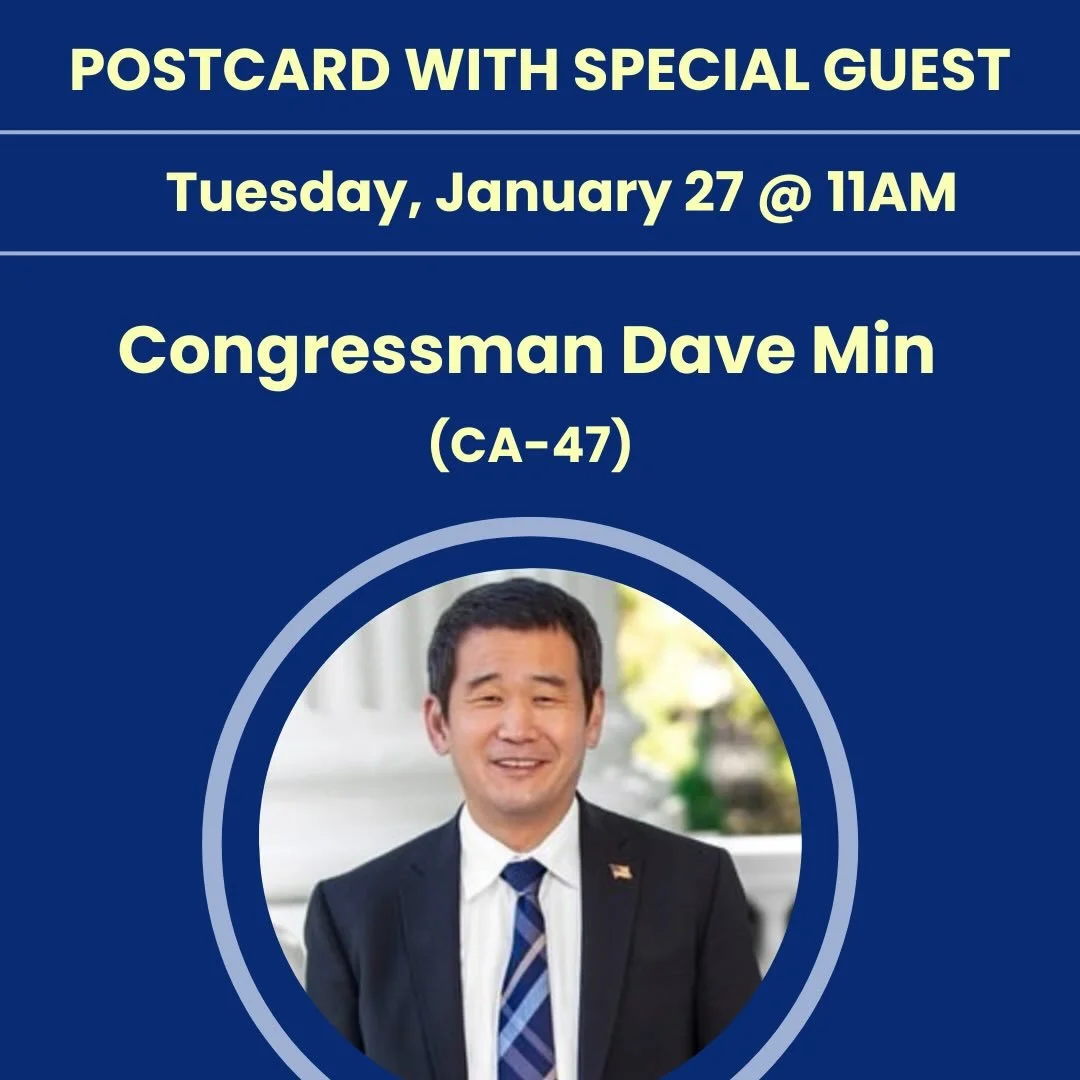 Two Speaker Tuesday! Join for postcarding beginning at 9:30am. 

&bull;10AM: Jeannine Kiely, Candidate in Democratic Primary NY State Assembly District 66 

&bull;11AM: Congressman Dave Min- Re-Election Campaign to (CA-47) @repdavemin 

Dave has prov